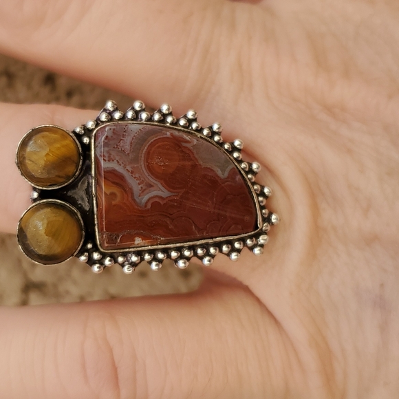 New Lake Superior Agate & Tiger Eye 925 Silver Ring. - Picture 10 of 13